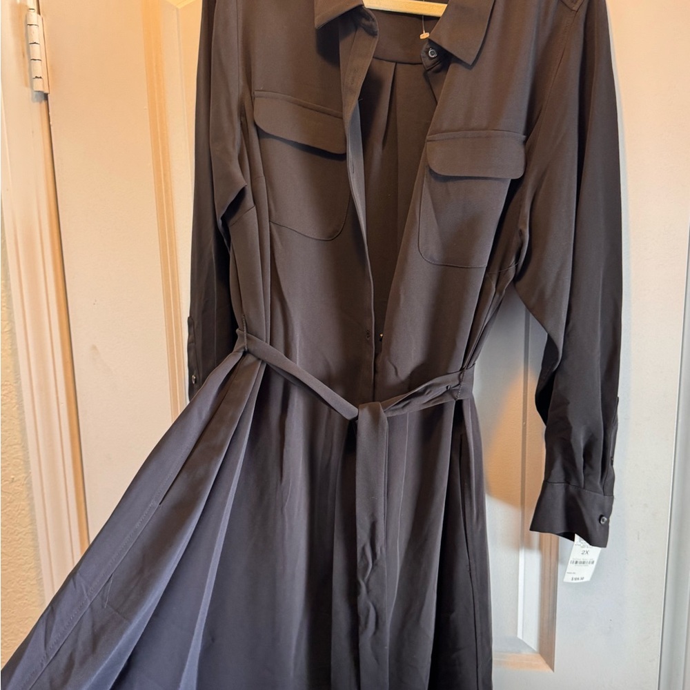 Alfani Dark Gray Long Sleeve Shirt Dress with Tie Waist